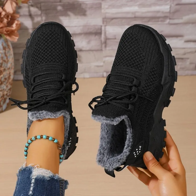 Knit Fabric Lace Up Sneakers - รองเท้าผ้าใบกันหนาวสำหรับผู้หญิง ผ้าถัก แบบผูกเชือก บุขนด้านในให้ความอบอุ่น พื้นหนาแบบแพลตฟอร์ม กันลื่น