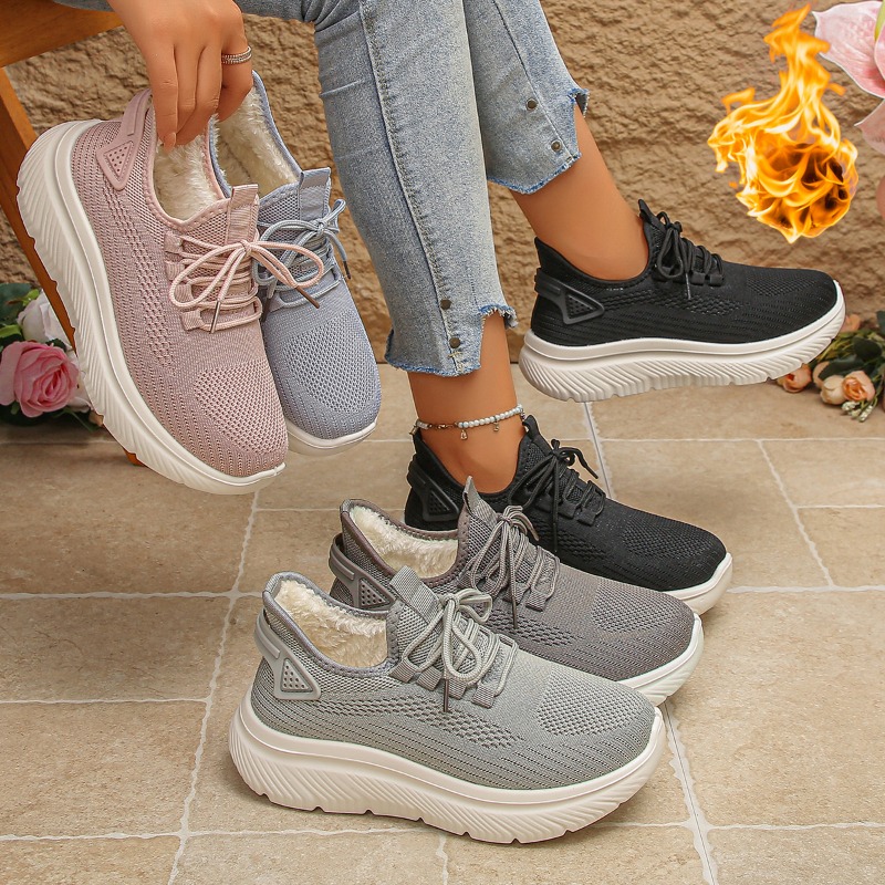 Knit Fabric Lace Up Sneakers - รองเท้าผ้าใบสำหรับเดินเล่นกลางแจ้งสำหรับผู้หญิง ปี 2027 ระบายอากาศได้ดี วัสดุผ้าถักน้ำหนักเบา สวมใส่สบาย